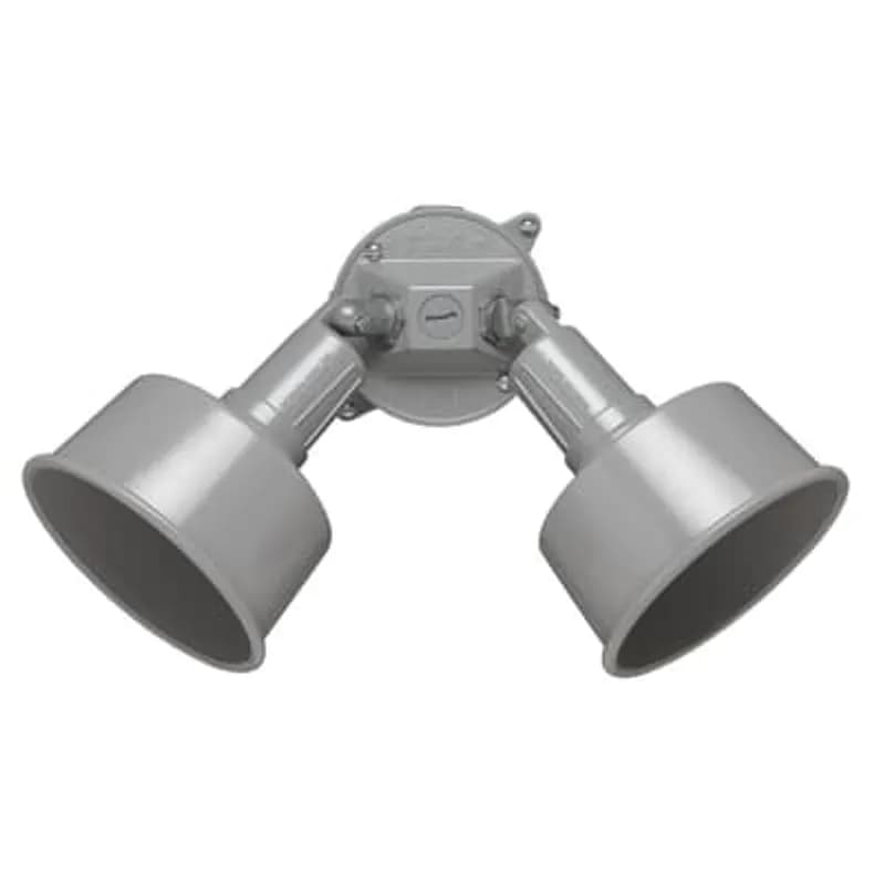 Contemporary Round Weatherproof Floodlight Kit, 2 Lamps, Depth 11 Inches, Width 5-1/2 Inches, Height 7-3/4 Inches, Silver, Aluminum, 150 Watt Maximum, Includes Two Reflectors, Round Cover, Gasket, and Hardware