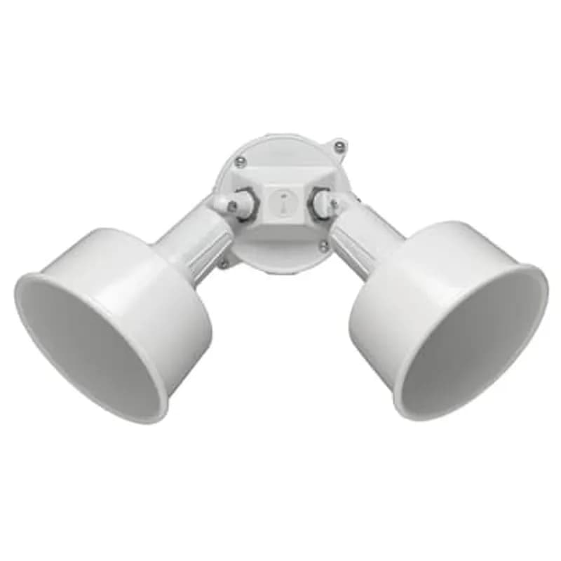 Contemporary Round Weatherproof Floodlight Kit, 2 Lamps, Depth 11 Inches, Width 5-1/2 Inches, Height 7-3/4 Inches, White, Aluminum, 150 Watt Maximum, Includes Two Reflectors, Round Cover, Gasket, and Hardware