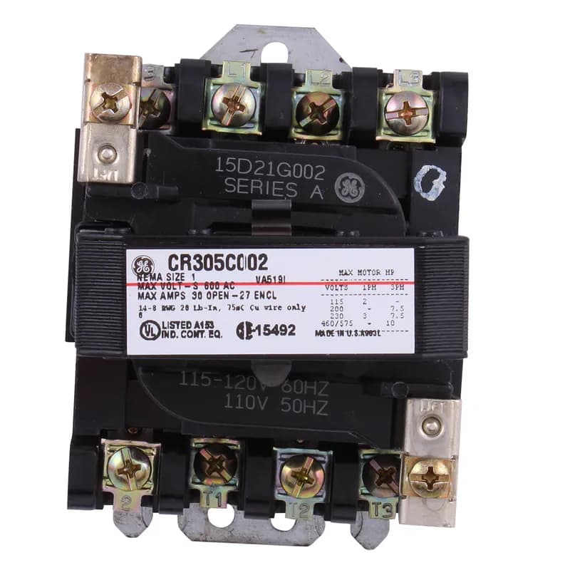 Contactors, NEMA, Full Voltage, Non-Reversing, NEMA Size: 1, Maximum Voltage: 600 VAC, Amp Rating: 30 Amp, Horsepower Rating: 7 1/2 @ 230 VAC, Coil Voltage: 115 VAC @ 60 Hz, Enclosure Type: Open Type, Dimensions: 3.06 Inch W x 4.5 Inch H x 3.94 Inch D, Features: Supplied with 1 Normally Open Auxiliary Contact
