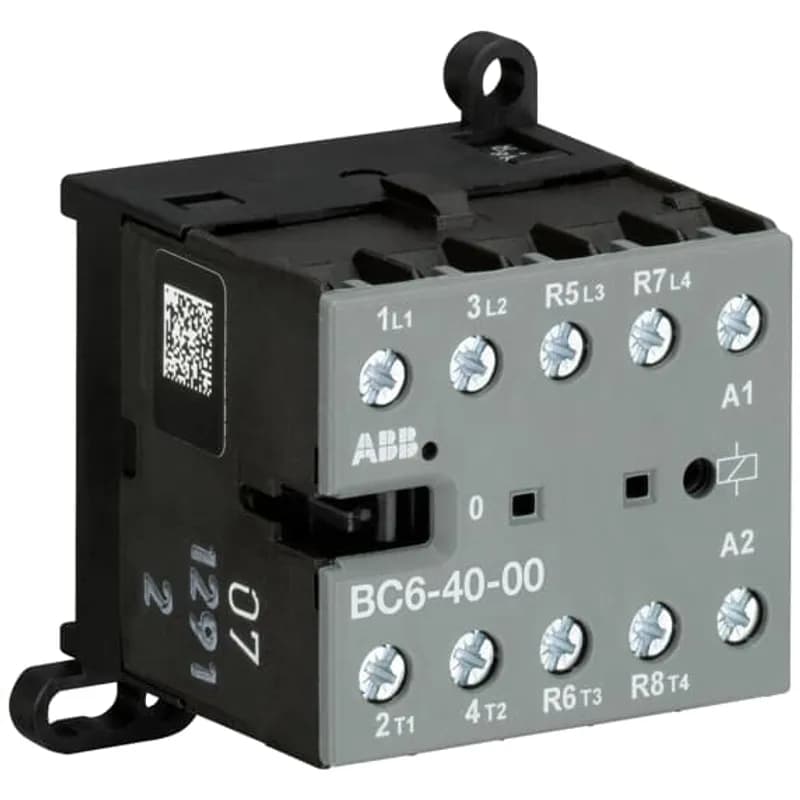 ABB - Electrification BC6-40-00-04 - The BC6-40-00 mini contactor is a compact 4 pole contactor with screw terminals. They are ideally suited for applications where reliability is a must and space is at a premium. Mini contactors are used in residential buldings, commercial buildings and industrial applications for the control of single or three-phase loads up to 4 kW (AC-3) and 20 A / 690 V (AC-1) or switching of control signals. Further features are the noiseless and hum-free coil, a switch position indication and the integrated possibility for rail or wall mounting.