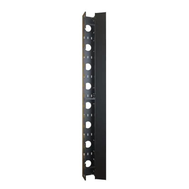 44U Rack Basics Vertical cable manager with hinged door and swing-away stabilizer.