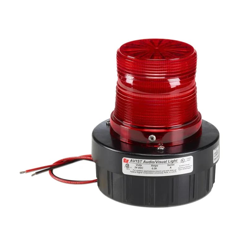 Strobe Combination Audible/Visual Signal, 24VDC, Red - Available in 24VDC and 120VAC. Surface mount, integrated 1/2-inch NPT pipe mount and 4-inch electrical box mount. Five lens colors: Amber, Blue, Clear, Green and Red. Twist-off lens for easy access. Internal buzzer produces 85 dBA at 10 feet (95 dBA at 1m). Conformal coated PCB. Type 3R enclosure. CSA Certified. UL and cUL Listed.