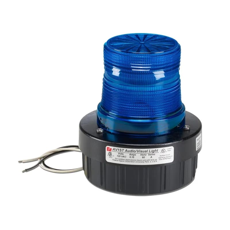 Strobe Combination Audible/Visual Signal, 120VAC, Blue - Available in 24VDC and 120VAC. Surface mount, integrated 1/2-inch NPT pipe mount and 4-inch electrical box mount. Five lens colors: Amber, Blue, Clear, Green and Red. Twist-off lens for easy access. Internal buzzer produces 85 dBA at 10 feet (95 dBA at 1m). Conformal coated PCB. Type 3R enclosure. CSA Certified. UL and cUL Listed.