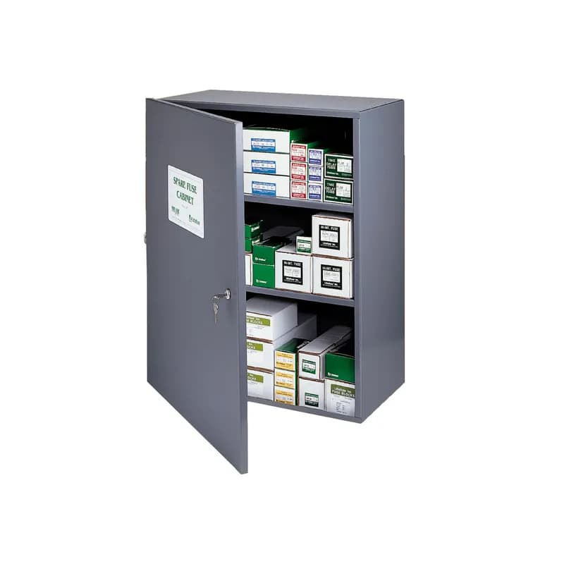 Littelfuse LSFC - Sturdy steel cabinet holds spare fuses. Cabinet can be locked to prevent unauthorized access and is weather stripped to reduce the accumulation of dust, dirt and moisture. Convenient inventory card located inside door. Measures 30” H x 24” D. Keyhole mounting mounting holes 16” on center for easy installation.