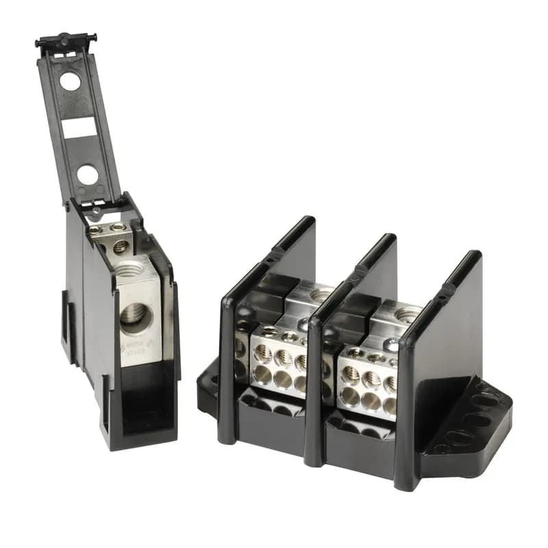 Littelfuse LD1400-4 - POWER DISTRIBUTION BLOCK 1400 4 POLE. POWR-BLOKS power distribution blocks offer a safe, convenient way of splicing cables, providing a fixed junction tap-off point or splitting primary power into secondary circuits. LX2XXX-DIN series offers integral DIN-Rail mount and an optional hinged safety cover. Applications: Typical applications include heating, air conditioning and refrigeration systems, elevator systems, material handling equipment, control panels, motor controls, switchgear, and anywhere power needs to be distributed to more than one load.