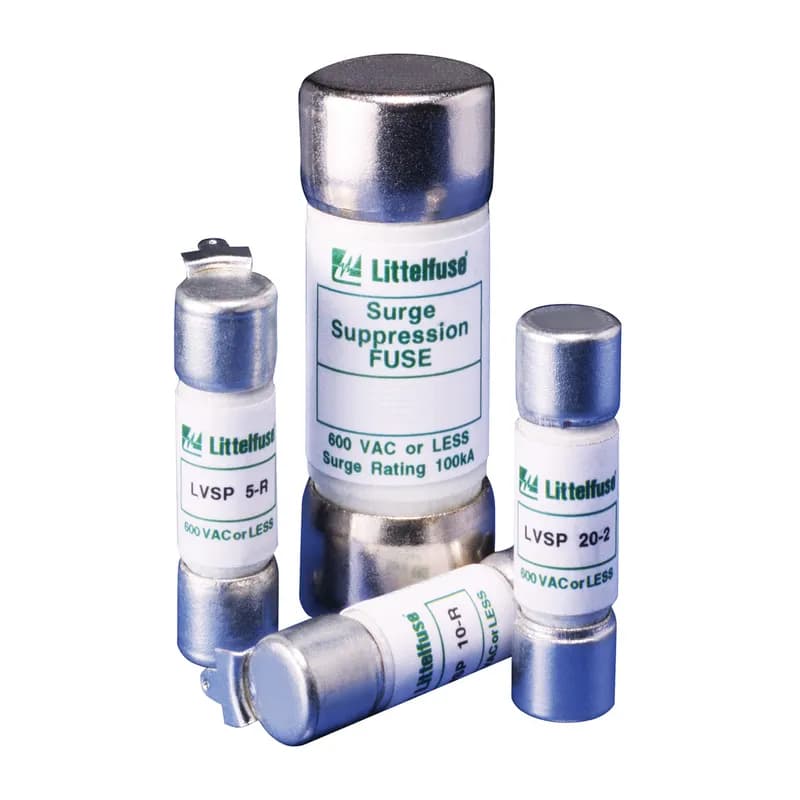 Littelfuse LVSP0010TX2 - The Littelfuse Varistor Surge Protection (LVSP) Fuses are intended for the protection of TVSS products. The LVSP Series has been designed to survive the 8x20µs lightning surges described in various Standards(UL1449, IEC61000-4-5 & IEEE C62.41) without opening. This allows the TVSS to perform the necessary suppression. The LVSP Series is not rated for continuous current and the ratings are to specific 8x20µs surge capability. The LVSP Series can be used to facilitate TVSS module compliance to UL1449 in permanently connected applications (abnormal overvoltage, unlimited current conditions)