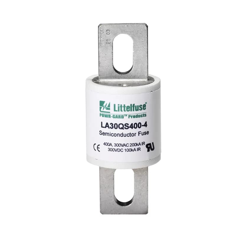 The Littelfuse LA30QS series Semiconductor protection fuses are intended for the protection of Power Semiconductors such as Diodes, Phase Control SCR and other Power Semiconductor devices. The LA30QS is recommended for new applications providing solutions for your critical protection needs at 300V and less semiconductors. Features: Low l2t minimizes damage to protected components on short circuit. Controlled arc voltage reduces stress to circuit components during fuse clearing. Choice of mounting types provides options for unique termination requirements. Indicator options allow identification of blown fuses. Superior DC capabilities. Applications: Protection of 300 volt heavy duty rectifiers and similar heavy duty power supplies.