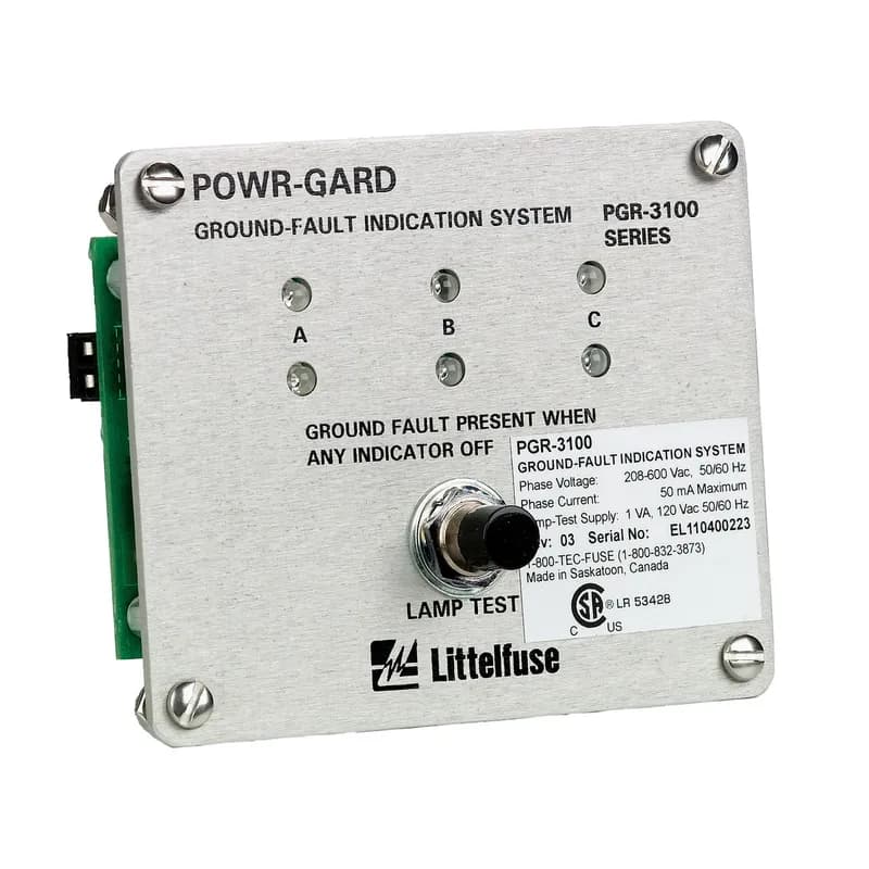 PGR-3100 is a ground-fault indication system with a supply voltage ac of 600 (none for dc) and measures 88.9x108x54 mm.