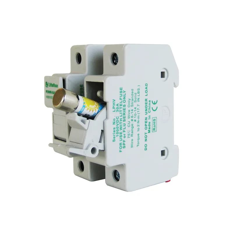 LPHV003 is a midget fuse holder constructed of thermoplastic material designed to house 1000 V dc fuses with a maximum ampere rating of 30.