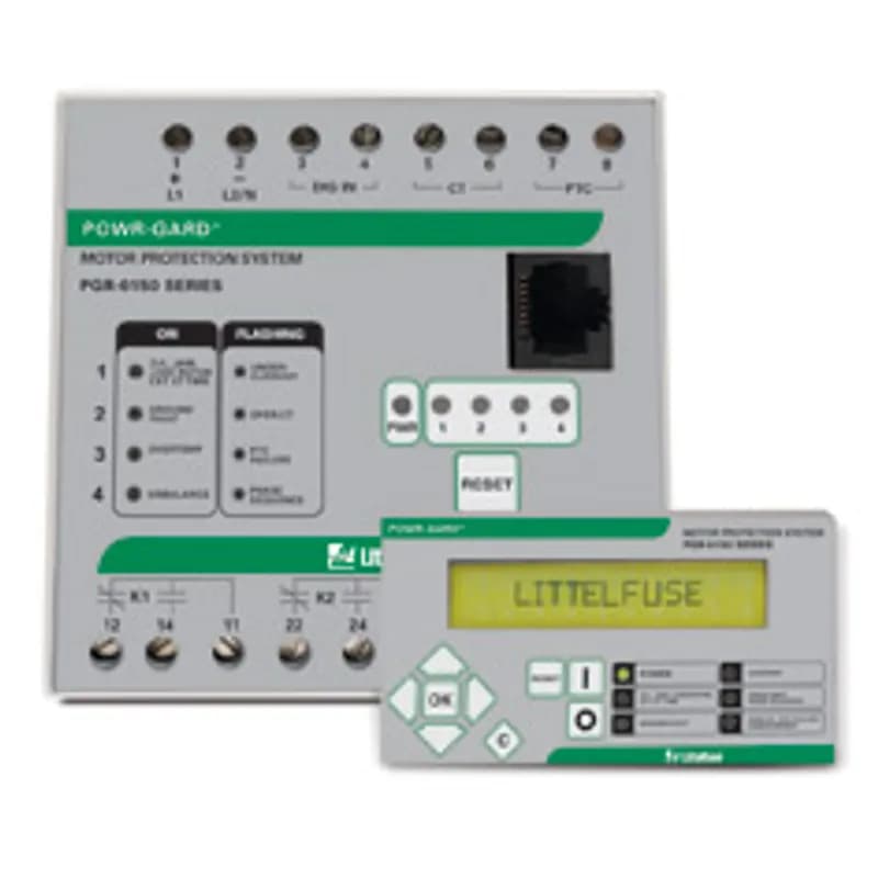 OPERATOR INTERFACE FOR PGR-6150. The PGR-6150 Motor Protection System provides 13 protective functions by utilizing both current and temperature inputs. It is a modular system consisting of the control unit and an operator interface (). The OPI allows programming and displays metered values. The PGR-6150 is used to provide current- and temperature-based protection, metering and data logging for three-phase motors used in industrial environments. Current transformers are not required for currents up to 25 A.