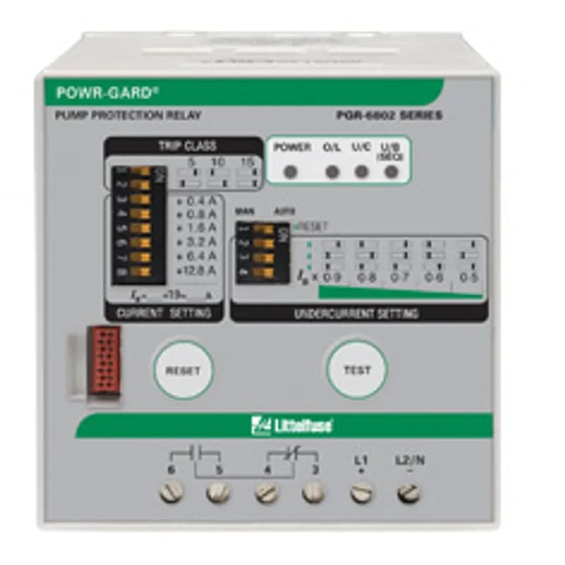 PUMP RELAY 16A BUILT-IN CTS 120VAC. The PGR-6800 Pump Protection Relay provides protection for pumps with three-phase motors up to 1,000 Vac. No current transformers are required for currents up to 91 A. The protective functions include overload, phase unbalance, phase loss, phase sequence and undercurrent. The PGR-6800 Pump Protection Relay is ideally suited for applications where operating without load can induce failure. Motor current is monitored and an undercurrent trip occurs when the current drops below a preset level. No additional level detectors are required.