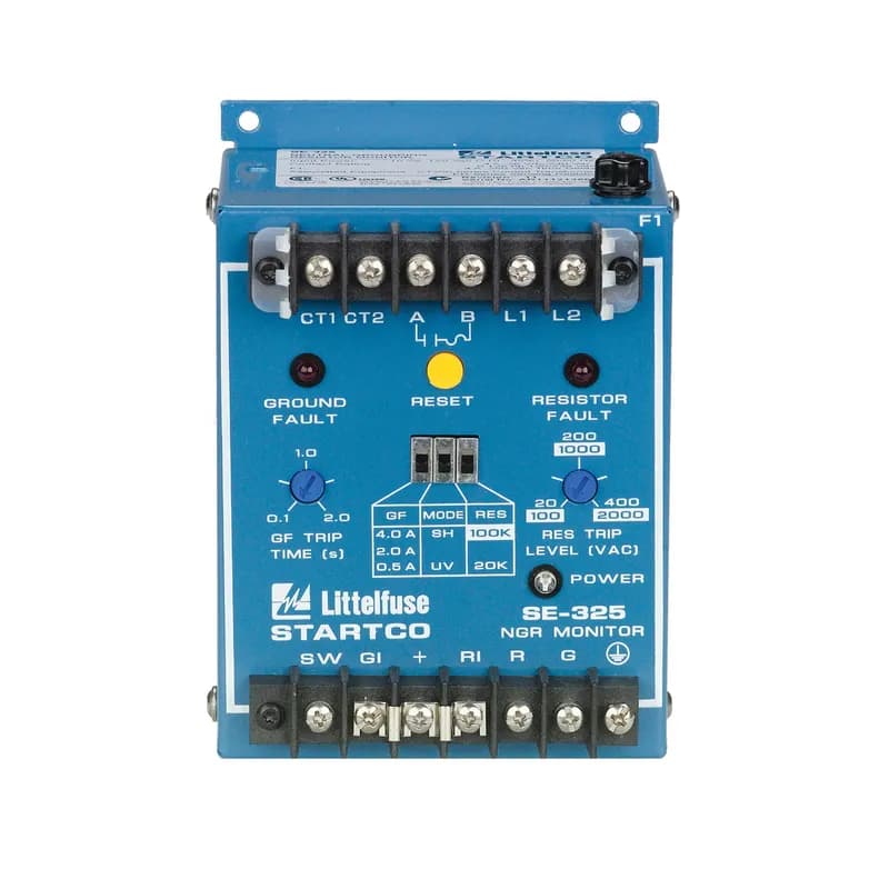 SE-325 is a neutral-grounding resistor monitor with a supply voltage of 120 ac and a ground-fault trip level of 0.5–4.0 A.