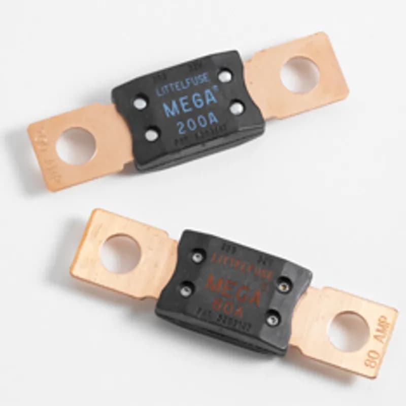 Littelfuse MEG200L - MEGA FUSE 200 A, 50 PACK. The MEGA® Fuse is designed for high current circuit protection up to 250 amperes with Diffusion Pill Technology. The MEGA® Fuse also provides time delay characteristics. Designed and patented by Littelfuse, the MEGA® Fuse is ideal for battery and alternator protection application and other heavy gauge cables requiring ultra-high current protection.
