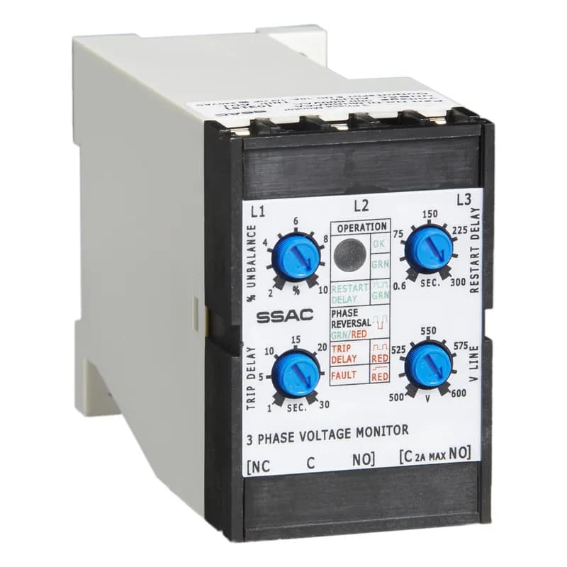 Littelfuse DLMHBRAAA - The DLMU Series is a universal voltage, 3-phase voltage monitor. It continuously measures the voltage of each of the three phases with microcontroller accuracy and compares the value to preset trip points. It separately senses phase reversal and loss; over, under and unbalanced voltages; and over or under frequency. Protection is assured during periods of large average voltage fluctuations or when regenerated voltages are present. The unit trips within 200ms when phase loss is detected. Adjustable time delays are included to prevent nuisance tripping and short cycling of sensitive equipment. The isolated, 10A, SPDT and 2A alarm output relay contacts trip when a phase voltage exceeds the trip limits for the trip delay. Nominal line voltage, voltage unbalance, and time delays are knob adjustable. The phase loss setpoint and the acceptable frequency range are fixed. Both delta and wye systems can be monitored; no connection to neutral is required. See datasheet for operation details.