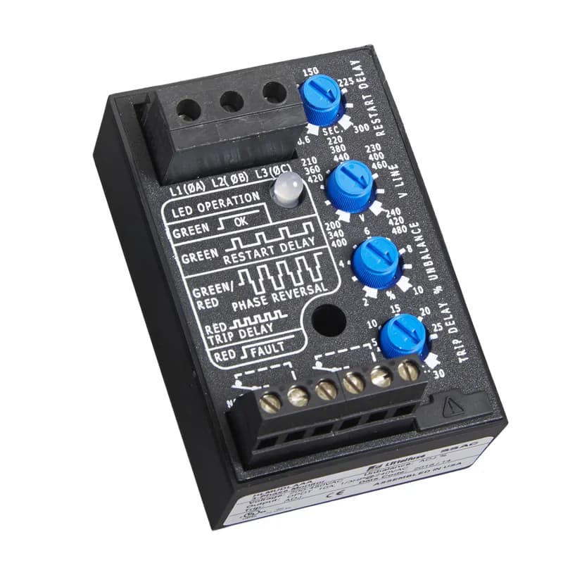 The HLMU Series is a universal voltage, encapsulated, 3-phase voltage monitor. It continuously measures the voltage of each of the three phases with microcontroller accuracy and compares the value to preset trip points. It separately senses phase reversal and loss; over, under and unbalanced voltages; and over or under frequency. Protection is assured during periods of large average voltage fluctuations, or when regenerated voltages are present. The unit trips within 200ms when phase loss is detected. Adjustable time delays are included to prevent nuisance tripping and short cycling of sensitive equipment. The isolated, 10A, DPDT relay contacts trip when a phase voltage exceeds the trip limits for the trip delay. Nominal line voltage, voltage unbalance, and time delays are knob adjustable. The phase loss setpoint and the acceptable frequency range are fixed. Both delta and wye systems can be monitored; no connection to neutral is required. See datasheet for operation details.
