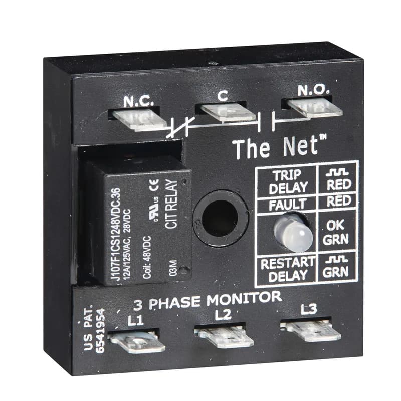 The TVM Series Provides protection for motors and other sensitive loads. Continuously measures the voltage of each of the three phases using a microcomputer circuit design that senses under and overvoltage, voltage unbalance, phase loss, and phase reversal. Protection is provided even when regenerated voltages are present. Includes a trip delay to prevent nuisance tripping and a restart delay to prevent short cycling after a momentary power outage. Operation: Upon application of line voltage, the restart delay begins. The output relay is de-energized during restart delay. Under normal conditions, the output energizes after restart delay. Undervoltage, overvoltage, and voltage unbalance must be sensed for continuous trip delay period before the output is de-energized. The output will not de-energize if a fault is corrected during the trip delay. The restart delay begins as soon as the output relay de-energizes. If the restart delay is completed when the fault is corrected, the output relay will energize immediately. The output relay will not energize if a fault or phase reversal is sensed as 3-phase input voltage is applied. Reset: Reset is automatic upon correction of a fault. LED Operation: The LED flashes green during the restart delay, then glowsgreen when the output energizes. It flashes red during the trip delay then glows red when the output de-energizes. It flashes red/green if phase reversal is sensed.
