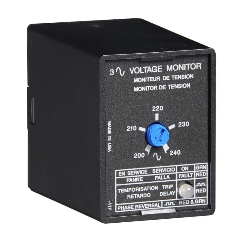 Littelfuse PLM9405 - The PLM Series is a 3-phase voltage monitor that continuously monitors each of the three phases. Monitors both delta and wye systems and no connection to neutral is required. The microcontroller circuit design protects against undervoltage, voltage unbalance, phase loss and phase reversal. Protection is assured when regenerated voltages are present. Operation: The output relay is energized and the LED glows green when all voltages are acceptable and the phase sequence is correct. Under and unbalanced voltages must be sensed for a continuous trip delay period before the relay de-energizes. Reset is automatic upon correction of the fault condition. The output relay will not energize if a fault condition is sensed as power is applied. The LED flashes red during the trip delay, then glows red when the output de-energizes. The LED flashes green/red if phase reversal is sensed. Field Adjustment: Set voltage adjustment knob at the desired operating line voltage for the equipment. This adjustment automatically sets the undervoltage trip point. Apply power. If the PLM fails to energize, (LED glows red) check wiring of all 3 phases, voltage, and phase sequence. If phase sequence is incorrect, the LED flashes green/red. To correct this, swap any two line voltage connections at the mounting socket. No further adjustment should be required.