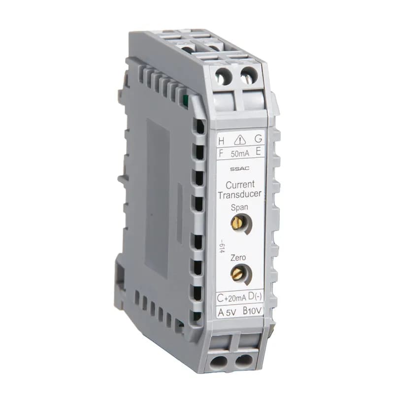 Littelfuse DCSA50 - The DCSA Series is a loop-powered, linear output current transducer that provides an output that is directly proportional to the RMS AC current passing through the LCSC10T12 sensor. The DCSA provides either an analog current or voltage: 4 - 20 mA, 1 to 5VDC, or 2 to 10VDC. Each unit is factory calibrated for monitoring (with the LCSC10T12 connected) in one of four ranges; 0 - 5, 0 - 10, 0 - 20, or 0 - 50A. Zero and span adjustments allow field calibration if needed. The DCSA mounts on both DIN 1 and DIN 3 rails.