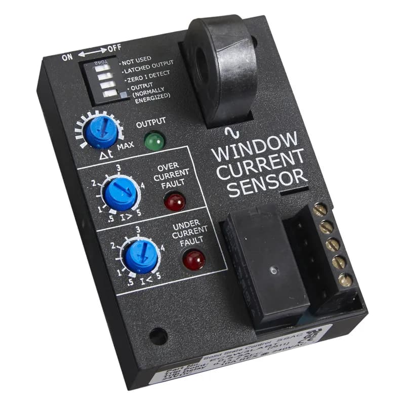 The ECSW Series of single-phase, AC window, current sensors includes adjustable overcurrent and undercurrent trip points. Detects locked rotor, jam, loss of load, an open heater or lamp load, a broken belt, or loss of suction. LED’s aid in trip point adjustment and provide fault indication. The built-in toroidal sensor eliminates the need for an external current transformer. The output can be electrically latched after a fault, or automatically reset. Remote resetting of a latched output by removing input voltage. The unit includes switch selectable zero current detection and normally de-energized or energized output operation. Time delays are included to improve operation and eliminate nuisance tripping. See datasheet for operation detail.