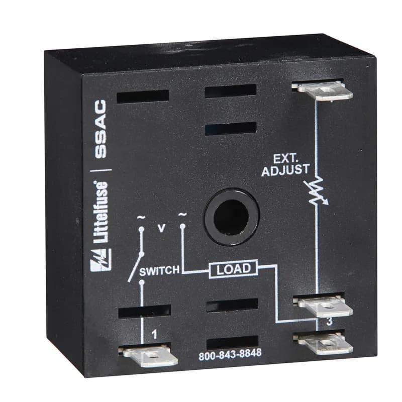 The PHS230A20 relay provides phase control protection with input voltage at 230 V ac and output load rating at steady state (100% on) of 20 A; inrush of 200 A.