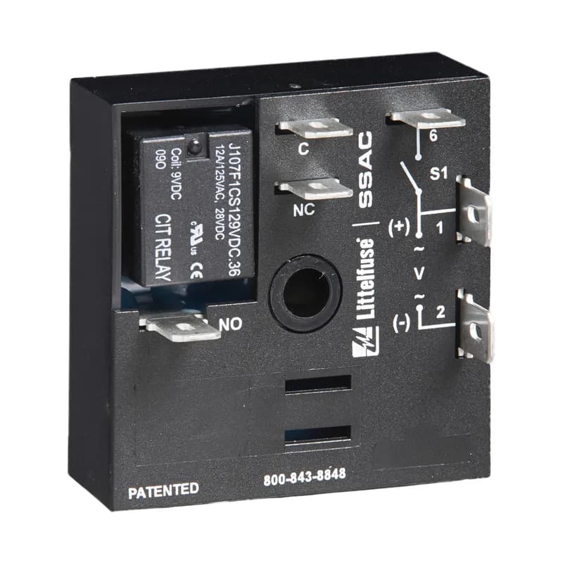 Littelfuse KRDB120 - The KRDB Series is a compact time delay relay measuring only 2 in. (50.8 mm) square. Its microcontroller timing circuit provides excellent repeat accuracy and stability. Encapsulation protects against shock, vibration, and humidity. The KRDB Series is a cost effective approach for OEM applications that require small size, isolation, reliability, and long life. Operation (Delay-on-Break): Input voltage must be applied before and during timing. Upon closure of the initiate switch, the output relay energizes. The time delay begins when the initiate switch is opened. The output remains energized during timing. At the end of the time delay, the output de-energizes. The output will energize if the initiate switch is closed when input voltage is applied. Reset: Reclosing the initiate switch during timing resets the time delay. Loss of input voltage resets the time delay and output.