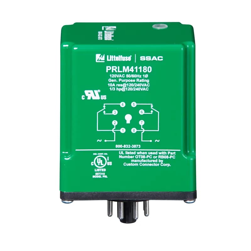 Tmr-DOM 120VAC Relay fxd 180s 8pin DPDT. The PRLM Series is designed for use in non-critical timing applications. It offers low cost, knob adjustable timing control, full 10A relay output, and onboard LED indication. The knob adjustment provides a guaranteed time range of up to 10 minutes in 6 ranges. The onboard LED indicates whether or not the unit is timing (flashing LED) as well as the status of the output. Operation (Delay-on-Make): The time delay is initiated when input voltage is applied. LED flashes during timing. At the end of the delay period, the output contacts energize. LED is on steady after the unit times out. Reset: Reset is accomplished by removal of input voltage. There is no false output when reset during timing.