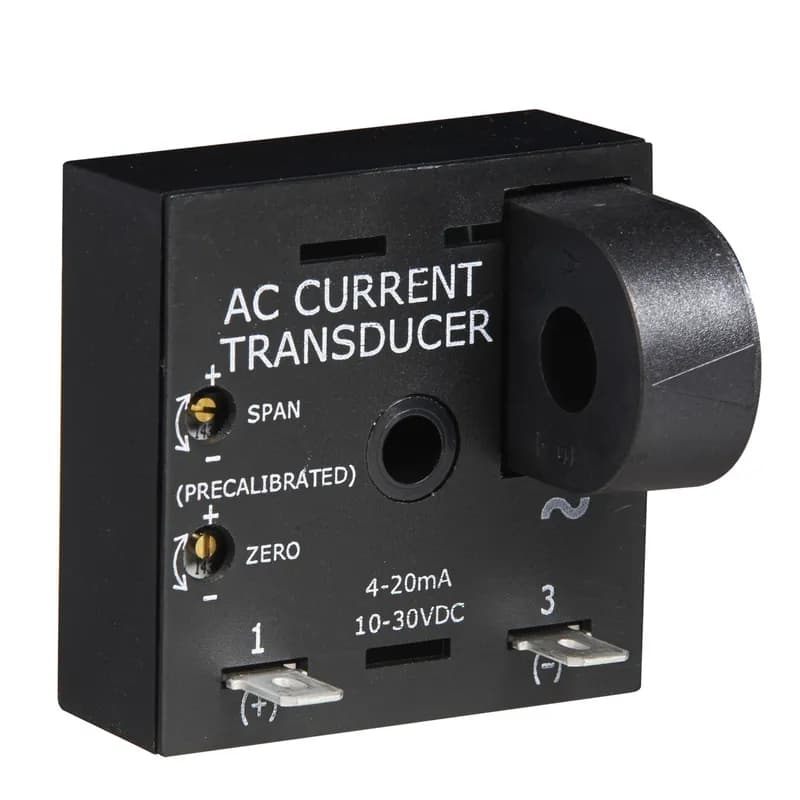 The TCSA Series is a loop-powered, linear output current transducer that provides an output that is directly proportional to the RMS AC current passing through the onboard toroid. The TCSA provides a 4 - 20mA output over a power supply range of 10 - 30VDC. Each unit is factory calibrated for monitoring in one of four ranges; 0-5, 0-10, 0-20, or 0-50A. The 0 - 5A range allows the use of external current transformers so loads up to 1200AC amps can be monitored. See datasheet for operation details.