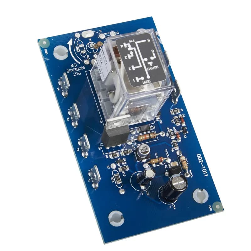 The ORB Series open PCB construction offers the user good economy without sacrificing performance and reliability. The output relay is available in isolated, 10A, DPDT or SPDT forms. The time delay may be ordered as factory fixed, onboard knob, or external adjustment. All connections are 0.25 in. (6.35 mm) male quick connect terminals. Operation (Delay-on-Break): Input voltage must be applied before and during timing. Upon closure of the initiate switch, the output relay energizes. The time delay begins when the initiate switch is opened (trailing edge triggered). The output remains energized during timing. At the end of the time delay, the output de-energizes. The output will energize if the initiate switch is closed when input voltage is applied. Reset: Reclosing the initiate switch during timing resets the time delay. Loss of input voltage resets the time delay and output.