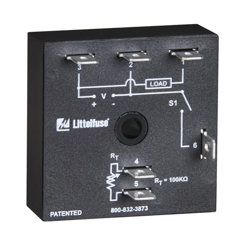 Littelfuse KSDB220 - The KSDB is designed for general purpose commercial and industrial applications where a small, cost effective, reliable solid-state timer is required. The factory calibration for fixed time delays is within 5% of the target time delay. The repeat accuracy, under stable conditions, is 0.5% of the selected time delay. This series is designed for popular AC and DC voltages. Time delays of 0.1 seconds to 1000 minutes are available in 6 ranges. The output is rated 1A steady and 10A inrush. The modules are totally solid state and encapsulated to protect the electronic circuitry. Operation (Delay-on-Break): Input voltage must be applied before and during timing. Upon closure of the initiate switch, the output energizes. The time delay begins when the initiate switch is opened. The output remains energized during timing. At the end of the time delay, the output de-energizes. The output energizes if the initiate switch is closed when input voltage is applied. Reset: Reclosing the initiate switch during timing resets the time delay. Loss of input voltage resets the time delay and output.