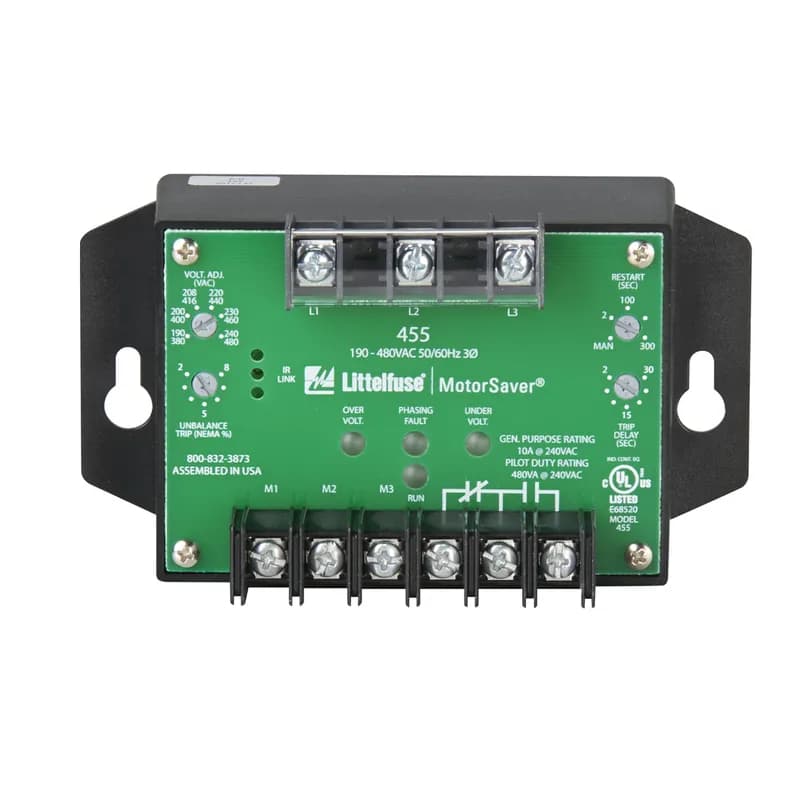 The 455 Series are 3-phase voltage monitors that combine load and line side monitoring to offer complete protection. Monitoring the load side will alert the user of contactor failure or impending contactor failure. Line side monitoring will also protect the motor from damaging fault conditions that may be present prior to the motor starting. With other line/load side monitors, the motor must be started before a voltage fault is detected. With the 455, your motor is fully protected at all times. The 455 Series are 3-phase, dual range voltage monitors that protect 190-480VAC, 50*/60Hz motors, regardless of their size. It automatically selects between the 200V and 400V range when the user selects the nominal voltage setpoint. Other adjustments include a 2-30 second trip delay, a 2-300 second restart delay (and manual restart) and a voltage unbalance trip point of 2-8%. The voltage monitor’s circuitry is powered through the line side connections, so there is no need for separate control power, making it easy to install. Equipped with an infrared LED, the 455 Sereies can communicate to the optional hand-held diagnostic tool, Informer-MS to obtain valuable information such as real-time voltage, voltage unbalance on both line and load sides, motor run hours, last 20 faults, last 32 motor starts, high and low voltage trip points, voltage unbalance trip point, restart and trip delay settings, LED status and more.