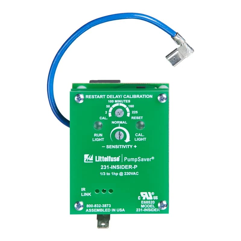 The 231-Insider-P provides single-phase protection for submersible pumps with an input voltage of 230 V ac and input load range from ⅓–1 hp. Its output load rating is 1 hp @ 240 V ac (17 A maximum).