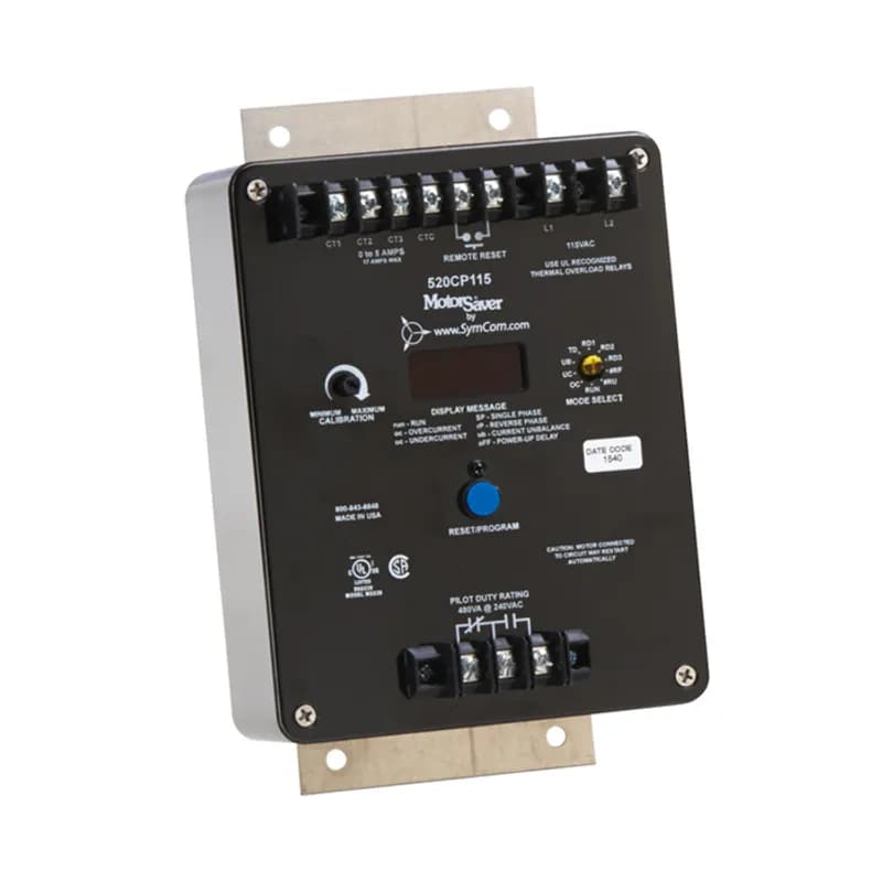 Littelfuse 520CP115 - 3-Phase Current Monitor/100-130V. The 520CS and 520CP are fully-programmable, microcontroller-based, current-sensing devices designed to monitor 3-phase pumps. The 520CP is designed to work with motors that have ramp-up times of 4 seconds or less. The 520CS has a programmable motor acceleration time that can be set from 0-50 seconds. Both current monitors protect 3-phase motors from: Overcurrent. Undercurrent. Current Unbalance. Rapid Cycling. Single Phasing. Phase Reversal.