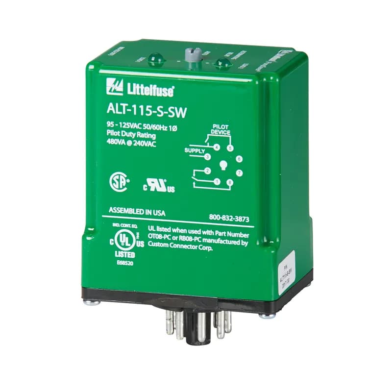 Littelfuse ALT-115-X-SW - The ALT alternating relays are used to alternate between two loads. The ALT is commonly used in duplex pumping applications to balance the runtime of both pumps. The ALT-S is used in single high-level float applications. When the float switch opens, the alternating relay changes state, forcing the other pump to run the next time the float closes. All ALT relays have a built-in debounce feature that prevents the relay from changing state if the switch or float contact bounces momentarily. The ALT-X has an internal cross-connected relay and is used in dual high-level float applications. These floats are commonly referred to as lead and lag floats. The pumps alternate as in the ALT-S version but the crossconnected relay configuration allows both pumps to run simultaneously when both the lead and lag floats are closed. These relays are also available with a built-in switch (SW option) that is used to manually force one of the pumps to run every time the float switch is closed. This is helpful when a pump has been removed for repair or for test purposes. In the case of the ALT-X-SW, the switch essentially forces one pump to be the lead pump, while still allowing the second to run when both floats are closed. Must use the OT08PC socket for UL Rating!