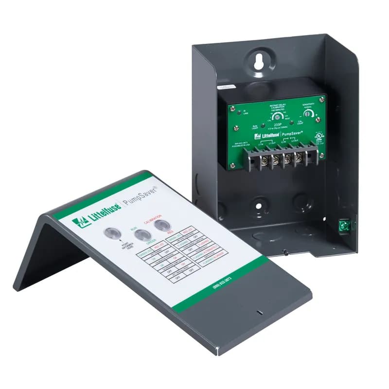 The 233P pump monitor protects single-phase pumps with an input voltage value of 230 V ac, an input load range of ⅓–3 hp, and an output load rating of 3 hp @ 240 V ac (17 A maximum).