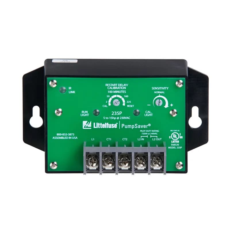 The 235P pump monitor protects single-phase pumps with an input voltage value of 230 V ac, an input load range of 5–15 hp (external current transformer required), and the following dimensions: 2.93” H x 5.25” W x 2.91” D.