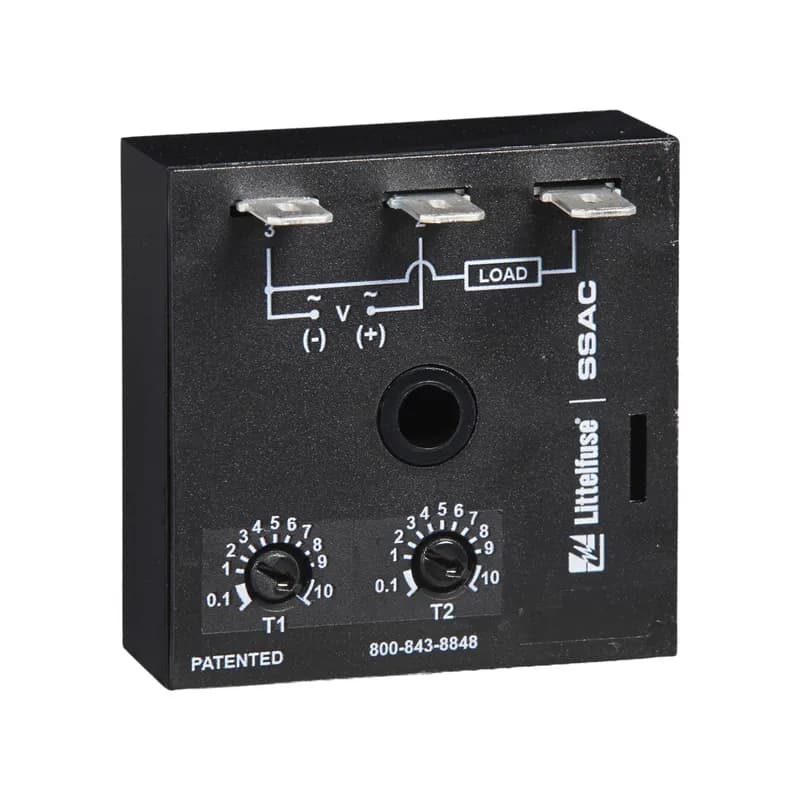 The ESDR Series offers independent time adjustment of both delay periods. Adjustment options include fixed, onboard or external adjust. The ESDR is recommended for air drying, automatic oiling, life testing, chemical metering and automatic duty cycling. This series is designed for general purpose commercial and industrial applications where a small, cost effective, reliable, solid-state timer is required. The factorycalibration for fixed time delays is <±5%. The repeat accuracy, under stable conditions, is 0.1% of the selected time delay. This series is designed for input voltages of 12VDC to 230VAC in five ranges. Time delays of 0.1 seconds to 1000 minutes are available in six ranges. The output is rated 1A steady and 10A inrush. The modules are totally solid state and encapsulated to protect the electronic circuitry. Operation (Recycling - ON Time First): Upon application of input voltage, the output energizes and the T1, ON time begins. At the end of the ON time, the output de-energizes and the T2, OFF time begins. At the end of the OFF time, the output energizes and the cycle repeats as long as input voltage is applied. Reset: Removing input voltage resets the output and time delays, and returns the sequence to the first delay. Operation (Recycling - OFF Time First): Upon application of input voltage, the T2 OFF time begins. At the end of the OFF time, the output energizes and the T1 ON time begins. At the end of the ON time, the output de-energizes and the cycle repeats as long as input voltage is applied. Reset: Removing input voltage resets the output and time delays, and returns the sequence to the first delay