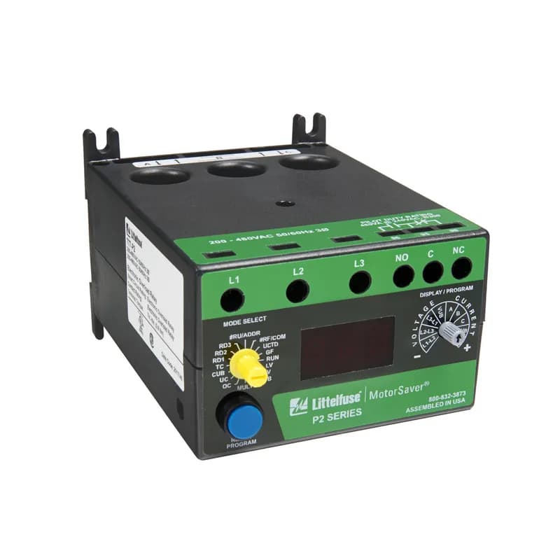 Littelfuse 777-575-P2 - The 777-575-P2 three-phase current and voltage monitor provides motor protection with input voltage from 500–600 V ac and motor full load ampere range as follows: 2–20 A (looped conductors required); 20–90 A (direct); 90–800 A (external CTs required).