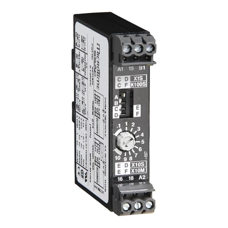 The ASQU and ASTU Series of 17.5 mm, knob adjustable, universal solid-state timers offer multiple functions, voltages, and time delay ranges. Choose one of 5 functions and 4 time delay ranges via 4 selection switches located on face of the unit. Adjustment through the time range is accomplished by an onboard knob. The ASQU Series has quick connect terminals and the ASTU Series has terminal blocks.
