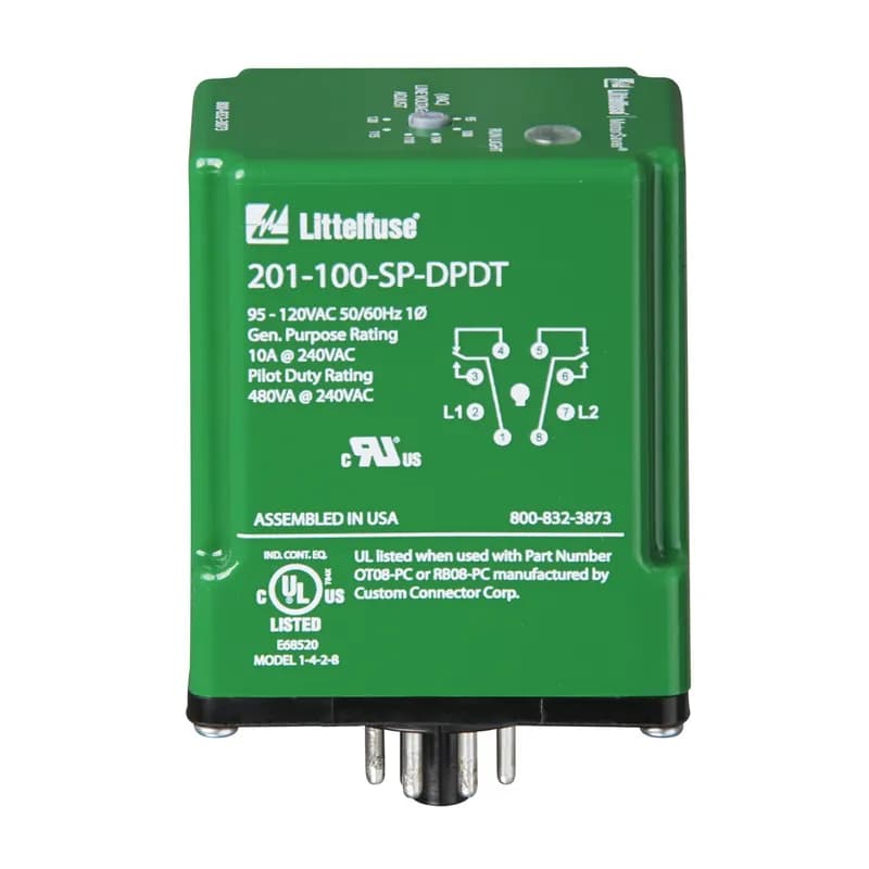 Littelfuse 201-200-SP - The 201-xxx-SP is an 8-pin octal-base, plug-in voltage monitor designed to protect single-phase motors regardless of size. The 201-100-SP is used on 95-120VAC, 50/60Hz motors to prevent damage caused by low voltage. The 201-200-SP is used on 190-240VAC, 50/60Hz motors. The 201-200-SP-T-9 is a pin-for-pin replacement for a Time Mark; #260 Series voltage monitor. High voltage protection is included in the 201-200-SP-T-9. The unique microcontroller-based voltage and voltage-sensing circuit constantly monitors the voltage to detect harmful power line conditions. When a harmful condition is detected, the relay’s output relay is deactivated after a specified trip delay. The output relay reactivates after power line conditions return to an acceptable level and a specified amount of time has elapsed (restart delay). The trip delay prevents nuisance tripping due to rapidly fluctuating power line conditions.