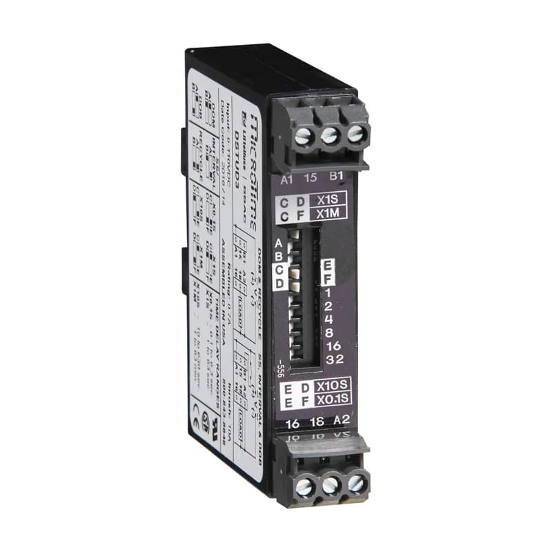 The DSQU and DSTU Series of 17.5 mm, switch adjustable, universal solid-state timers offer multiple functions, voltages, and time delay ranges. Choose one of 5 functions and 4 time delay ranges via 4 selection switches located on face of the unit. Six switches adjust the time delay through the selected range. The DSQU Series has quick connect terminals and the DSTU Series has terminal blocks.
