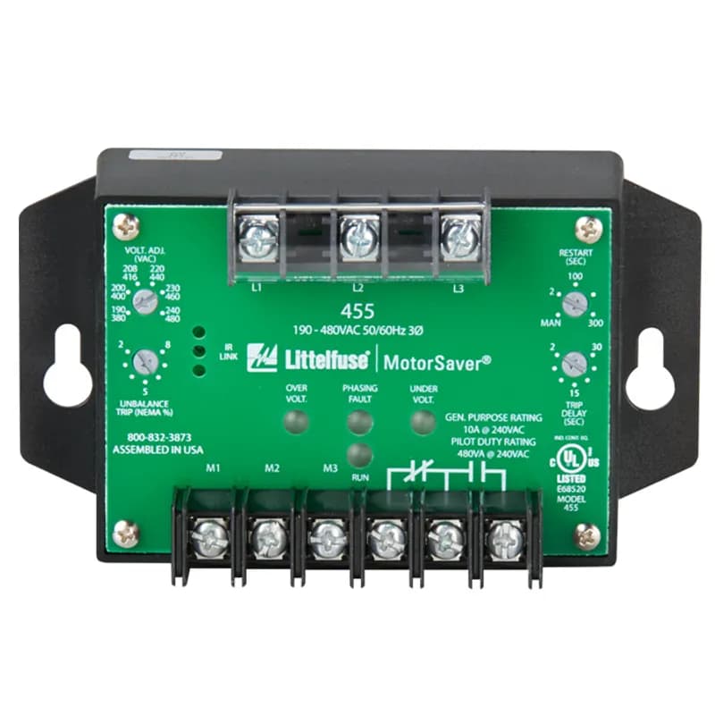 Littelfuse 455-575 - 3PH Lin-Lod VltMon/475-600V/aj.VUB,TD,RD. The 455 Series are 3-phase voltage monitors that combine load and line side monitoring to offer complete protection. Monitoring the load side will alert the user of contactor failure or impending contactor failure. Line side monitoring will also protect the motor from damaging fault conditions that may be present prior to the motor starting. With other line/load side monitors, the motor must be started before a voltage fault is detected. With the 455, your motor is fully protected at all times. The 455 Series are 3-phase, dual range voltage monitors that protect 190-480VAC, 50/60Hz motors, regardless of their size. It automatically selects between the 200V and 400V rangewhen the user selects the nominal voltage setpoint. Other adjustments include a 2-30 second trip delay, a 2-300 second restart delay (and manual restart) and a voltage unbalance trip point of 2-8percent. The voltage monitor’s circuitry is powered through the line side connections, so there is no need for separate control power, making it easy to install. Equipped with an infrared LED, the 455 Series can communicate to the optional hand-held diagnostic tool, Informer-MS to obtain valuable information such as real-time voltage, voltage unbalance on both line and load sides, motor run hours, last 20 faults, last 32 motor starts, high and low voltage trip points, voltage unbalance trip.