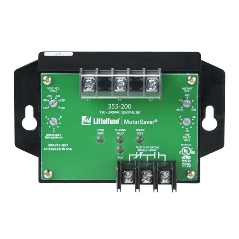 Littelfuse 355-600 - 3PH VltMon/475-600V/VUB,TD,RD/480V rel.. The 355 is a 3-phase voltage monitor with adjustable trip and restart delay, adjustable voltage unbalance and multiple diagnostic lights. It is perfect for heavy-duty applications that need both protection and simple user-friendly diagnostics. Applications include pump panels, commercial HVAC, oil rigs and others. The 355 uses microcontroller technology to monitor incoming voltage and de-energize its output relay if power problems exist. The 355 can protect motors from damage caused by single-phasing, high and low voltage, phase reversal and voltage unbalance. It has four diagnostic LEDs that clearly show overvoltage, undervoltage, voltage unbalance, reverse-phase and normal conditions. Equipped with a 470VA @ 600VAC pilot duty SPDT relay. A high voltage (600V) DPDT relay output option is available with the 400V model.