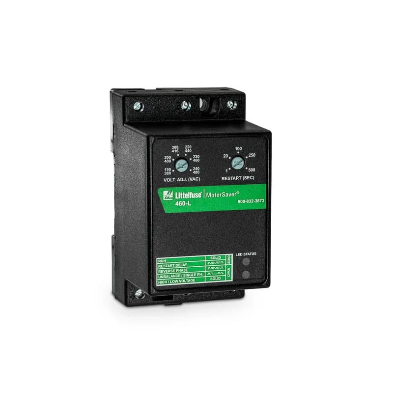 Littelfuse 460-L - The 460 is a 3-phase voltage monitor that protects 190-480VAC or 475-600V, 50/60Hz motors regardless of size. The product provides a user selectable nominal voltage setpoint and the voltage monitor automatically senses line voltage. This unique microcontroller-based voltage and phase-sensing device constantly monitors the 3-phase voltages to detect harmful power line conditions such as low, high, and unbalanced voltage, loss of any phase, and phase reversal. When a harmful condition is detected, the 460 output relay is deactivated after a specified trip delay. The output relay reactivates after power line conditions return to an acceptable level for a specified amount of time (restart delay). The trip and restart delays prevent nuisance tripping due to rapidly fluctuating power line conditions. All 460 models feature adjustable 1-30 second trip delay, 1-500 second restart delay, 2-8% voltage unbalance trip point, and one form C contact except where noted.