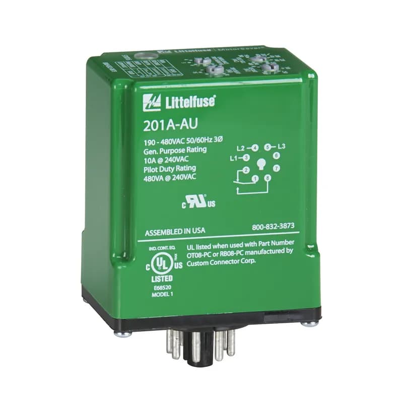 Littelfuse 201-575-AU - The 201A-AU is a 3-phase, auto-ranging, dual-range voltage monitor that protects 190-480VAC, 50/60Hz motors regardless of size. Has user adjustable 1-30 second trip delay, manual or 1-500 second restart delay, and 2-8% voltage unbalance trip point. The product also provides a user selectable nominal voltage setpoint and the voltage monitor automatically selects between the 200V and 400V range. The Model 201A-AU includes advanced single LED diagnostics, where five different light patterns distinguish between faults and normal conditions. This unique microcontroller-based voltage and phase-sensing device constantly monitors the 3-phase voltages to detect harmful power line conditions. When a harmful condition is detected, the 201A-AU's output relay is deactivated after a specified trip delay. The output relay reactivates after power line conditions return to acceptable levels.