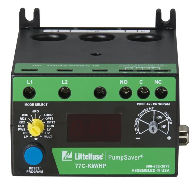 The 77C-KW/HP single-phase current and voltage monitor provides protection with voltage from 100–240 V ac and motor full load ampere range of 2–90 A (external CTs required above 90 A).