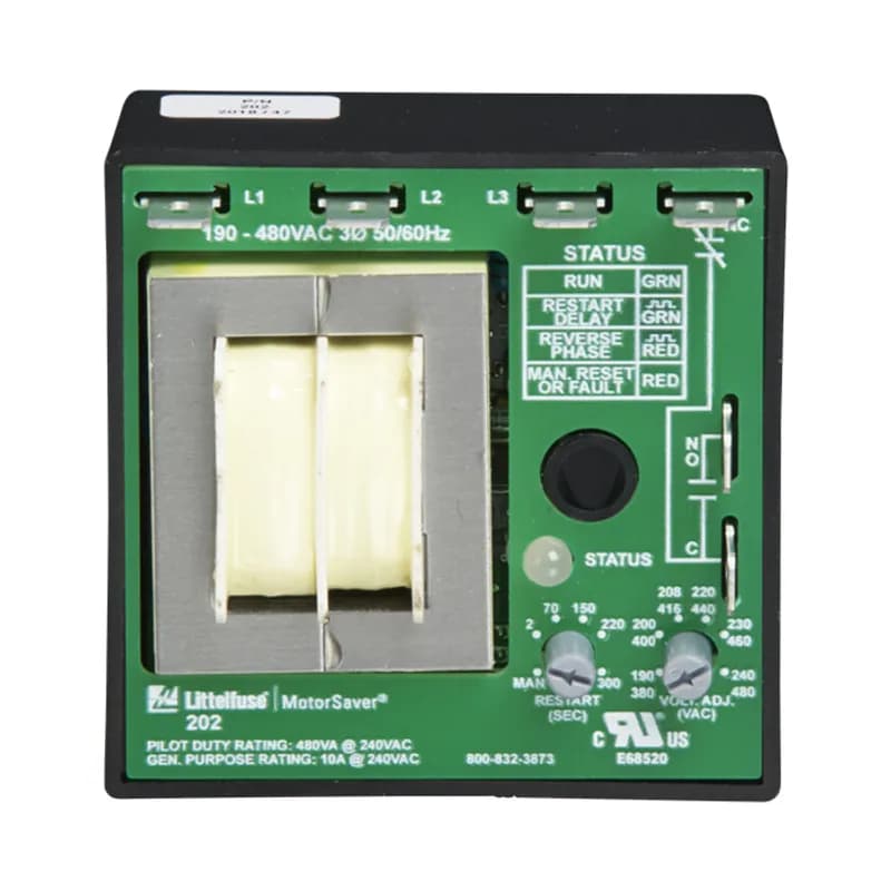 The 202 Series is a 3-phase, auto-ranging, dual-range voltage monitor that protects 190-480VAC, 50*/60Hz motors regardless of size. The 202-RP (and the 202-575-RP for 475-600VAC) monitors the phase rotation of 3-phase systems and trips on reverse-phase only. Critical applications include fan motors, scroll compressors, grinders, conveyor systems, elevators and escalators. Both products provide a user selectable nominalvoltage setpoint and automatically select between the 200V and 400V range. This unique microcontroller-based voltage and phase-sensing device constantly monitors the 3-phase voltages to detect harmful power line conditions. When a harmful condition is detected, the MotorSaver’s output relay is deactivated after a specified trip delay. The output relay reactivates after power line conditions return to acceptable levels for a specified amount of restart delay time (or a manual reset). The 202 Series includes advanced single LED diagnostics. Five different light patterns distinguish between faults and normal conditions. The statuslight turns green and the relay is activated when rotation is correct.