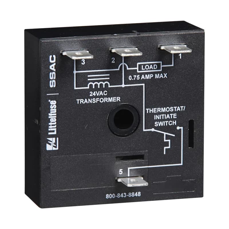 The CT Series combines a delay-on-make and delay-on-break time delay into one unit and may be used to control fan delays in heating and/or cooling equipment. The CT includes bypass circuitry to allow it to operate with cooling anticipators 3000 ohms. It is designed to operate in 24VAC control circuits. Several CT modules may be combined to provide sequencing on of any number of loads and sequencing off of the same loads, such as electric heating elements. Operation (Delay-on-Make/Delay-on-Break): Forced Air Heating or Air Conditioning (as shown): When the thermostat closes, the compressor relay is immediately energized. At the end of a fixed delay-on-make delay (T1), the fan relay is energized. When the thermostat opens, the compressor relay is de-energized and the delay-on-break delay is initiated. On completion of the fixed delay-on- break delay (T2) the fan relay is de-energized. If the thermostat is reclosed during the delay-on-break delay, the delay-on-break delay is reset and the fan relay remains energized. If the thermostat is closed when input voltage is applied, the delay-on-make delay (T1) begins as normal. Reset: Removing input voltage resets the output and time delays.