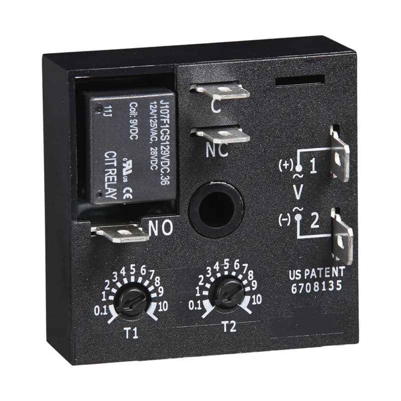 The KRDR Series is a compact time-delay relay measuring only 2 in. (50.8 mm) square. Its solid-state timing circuit provides excellent repeat accuracy and stability. Encapsulation protects against shock, vibration, and humidity. The KRDR Series is a cost effective recycling timer for OEM applications that require small size, isolation, reliability, and long life. Operation (Recycling - ON Time First): Upon application of input voltage, the output relay energizes and the T2 ON time begins. At the end of the ON time, the output de-energizes and the T1 OFF time begins. At the end of the OFF time, the output relay energizes and the cycle repeats as long as input voltage is applied. Reset: Removing input voltage resets the output and the time delays, and returns the sequence to the ON time. Operation (Recycling - OFF Time First): Upon application of input voltage, the T1 OFF time begins. At the end of the OFF time, the T2 ON time begins and the load energizes. At the end of the ON time the load de-energizes, and the cycle repeats until input voltage is removed. Reset: Removing input voltage resets the output and the sequence to the OFF time.
