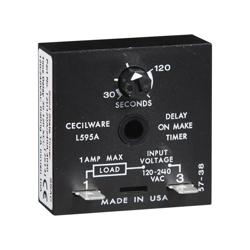 The T2D Series provides protection against short cycling of compressors and other motors. At the end of each operation, a lockout delay prevents restarting the compressor or motor until the delay is completed. 24VAC models can be used with thermostats that include a cooling anticipator resistor. It can be connected in series with the load for delay-on-make operation. Operation (Lockout with Random Start): Connection #1: Upon application of input voltage, a random start time delay begins. At the end of this time delay, the output is energized. Lockout Delay: Input voltage must be applied prior to and during timing. When the thermostat or initiate switch opens, the output de-energizes and the lockout time delay begins. At the end of the lockout delay, the output is energized allowing the load to immediately energize when the initiate switch or thermostat closes. Connection #2: Upon application of input voltage and closure of initiate switch, the time delay begins. At the end of the time delay, the output is energized and remains energized until power is removed. Reset: Removing power resets the output and the time delay.
