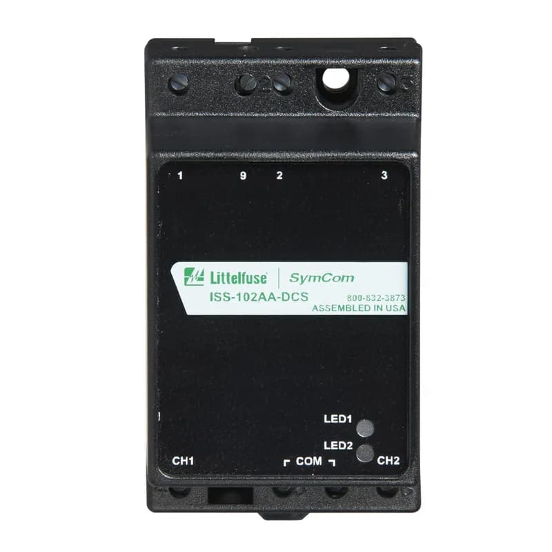 The ISS-102 is a two-channel, intrinsically-safe switch designed for multiple uses including a pump-up/pump-down (latching) controller or two-channel switch. Two LEDs indicate the state of the intrinsically-safe inputs and output relays and user-selectable options are available including a variable resistance threshold for float inputs. The ISS-102 enclosure is surface or DIN rail mountable. -LC Each input channel is active when the corresponding switch is closed. When the lag input (CH2) is activated, the output closes. Applying latching logic, the output contact remains closed until the lead (CH1) and the lag (CH2) inputs are deactivated. Sensitivity is fixed at 100kOhms with a debounce time delay of 2 seconds. -DCS This dual-channel switch has a debounce delay feature of 0.5 seconds. Resistance probes or switches can be used on its inputs. Two LEDs illuminate the output state of either form A relay. Sensitivity is fixed at 100kOhms with a debounce time delay of 0.5 seconds. -MC By selecting the proper functionality through the dip switches, you can define a pump-up or pump-down, single or dual channel non-latching switch. The sensitivity adjustment (4.7k-100kOhms) allows you to define the input impedance at which the output relays (one form A & one form C) will change state, with a debounce time delay of 0.5 or 2 seconds.